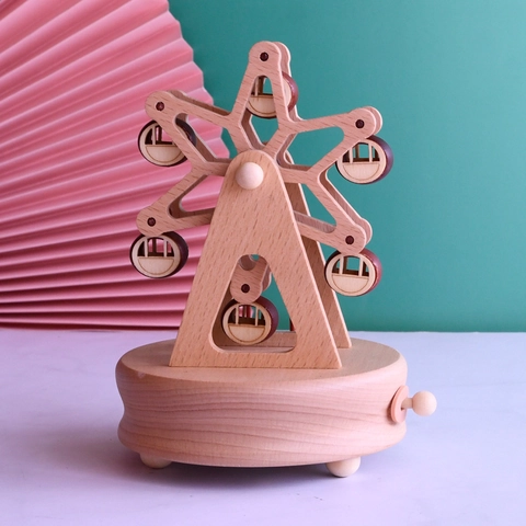 Boîte à Musique Grande Roue en Bois de Hêtre Artisanal Remontage Mécanique Ornement Musical Décoration Maison Cadeau Anniversaire Saint-Valentin