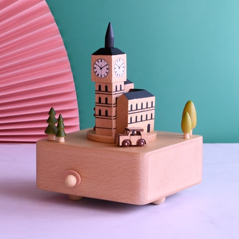 Boîte À Musique En Bois De Hêtre Rétro Européen Londres Big Ben Landmark Mécanique À Remontoir Scène Miniature Rotative Décor