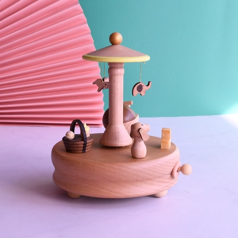 Boîte À Musique En Hêtre Mécanique Carrousel Bébé Animaux Décoration De Bureau Cadeau Chaleureux