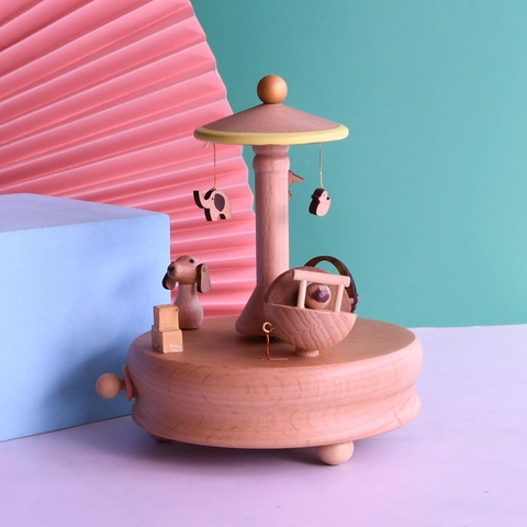 Boîte À Musique En Hêtre Mécanique Carrousel Bébé Animaux Décoration De Bureau Cadeau Chaleureux