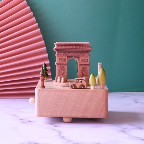 Carillon In Legno Arco Di Trionfo Parigi Paesaggio Miniatura Meccanico A Carica Souvenir Di Viaggio