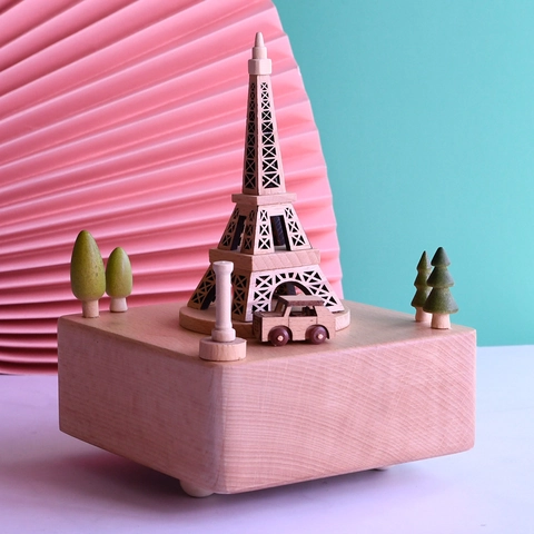 Boîte À Musique Artisanale En Hêtre Tour Eiffel Romantique Rotative Mécanique À Remonter Décoration De Table Cadeau Saint Valentin