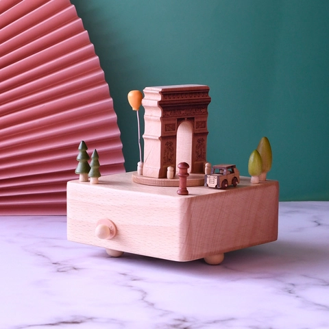 Carillon In Legno Arco Di Trionfo Parigi Paesaggio Miniatura Meccanico A Carica Souvenir Di Viaggio