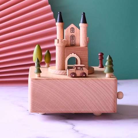 Boîte À Musique En Bois Château Conte De Fées Remontage Mécanique Hêtre Décoratif Ornement Rotatif Maison Bureau Cadeau