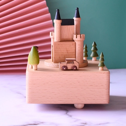 Boîte À Musique En Bois Château Conte De Fées Remontage Mécanique Hêtre Décoratif Ornement Rotatif Maison Bureau Cadeau