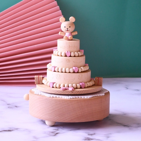 Boîte À Musique En Bois Mécanique Remontage Hêtre Design Gâteau D'Anniversaire Ours Rotatif Décoration Bureau Cadeau