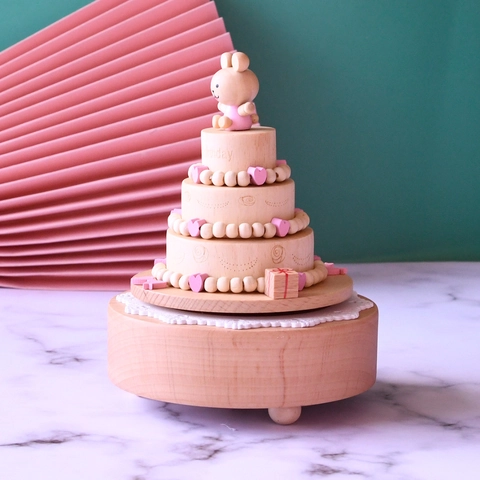 Boîte À Musique En Bois Mécanique Remontage Hêtre Design Gâteau D'Anniversaire Ours Rotatif Décoration Bureau Cadeau