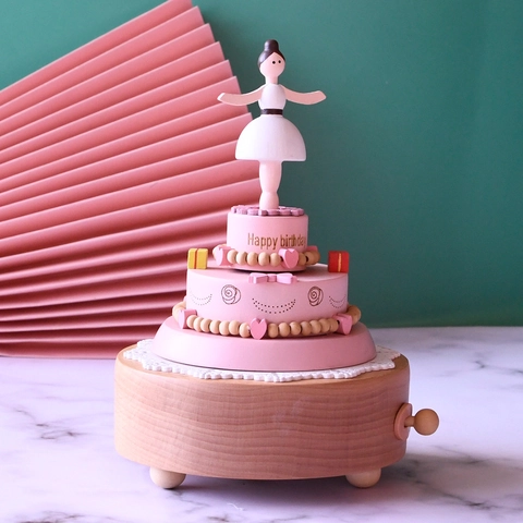 Boîte À Musique Ballerine Bois De Hêtre Mécanique Design Gâteau Rose Rotatif Décoration De Bureau Cadeau D'anniversaire