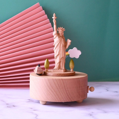 Vintage Buchenholz Freiheitsstatue Spieluhr Mechanische Rotierende Musikdose Für Heimdekor Geburtstagsgeschenk