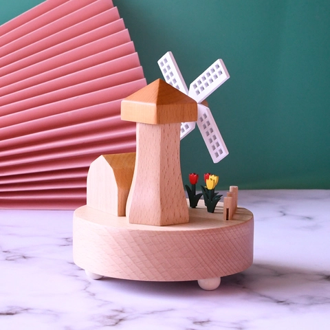 Caja De Música De Molino Viento Madera Haya Mecánica Giratoria Adorno Escritorio Decoración Hogar Regalo Decorativo