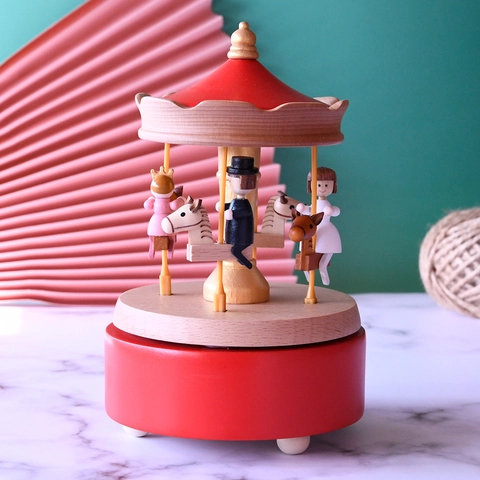 Wooden Carousel Music Box Mechanical Clockwork Rotating Beech Solid Wood Desktop Ornament Handmade Gift
