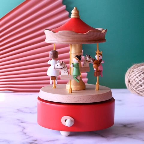 Wooden Carousel Music Box Mechanical Clockwork Rotating Beech Solid Wood Desktop Ornament Handmade Gift