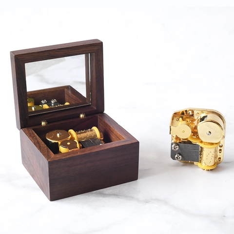 Vintage Walnut Wood Music Box Handmade Mechanical 18 Note Clockwork Musical Box With Internal Mirror For Birthday Gift