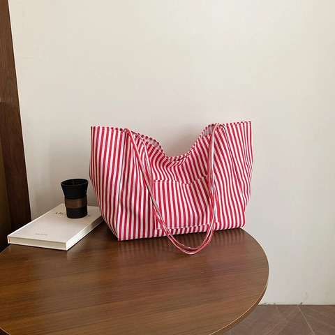 Korean Style Striped Tote Bag Women Large Capacity Nylon Shoulder Bag Casual Commuter Handbag With Front Pocket