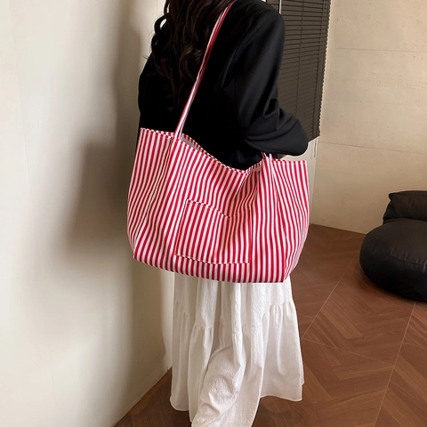 Korean Style Striped Tote Bag Women Large Capacity Nylon Shoulder Bag Casual Commuter Handbag With Front Pocket