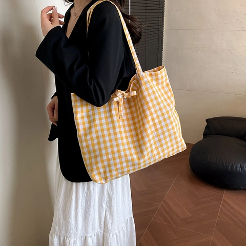 Borsa Tote A Quadretti In Tela Grande Capacità Con Fiocco Stile Coreano Retrò Borsa A Spalla Da Donna