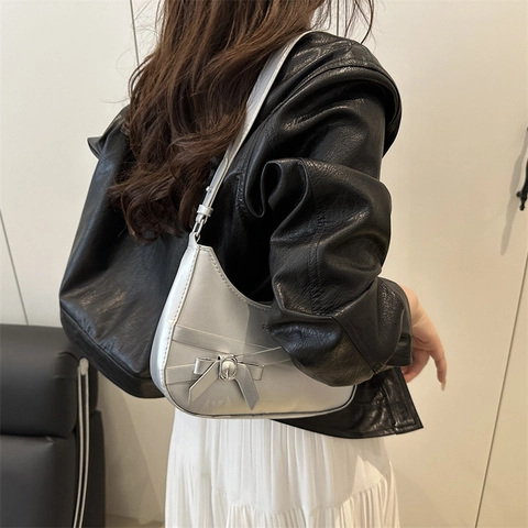 Fashion Women PU Leather Crescent Hobo Bag Niche Design Cross Strap Bow Decoration Underarm Shoulder Bag For Daily Commute