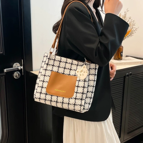 Damen Hahnentritt Tweed Tote Bag PU Leder Patchwork Große Kapazität Schultertasche Mit Katzenanhänger Mode Casual Handtasche