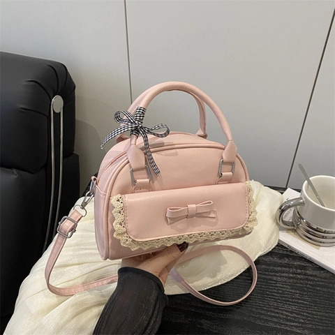 Sac à Main Femme Style Ballet en Cuir PU Doux Nœud Dentelle Mini Sac Bandoulière Polyvalent Sac à Épaule