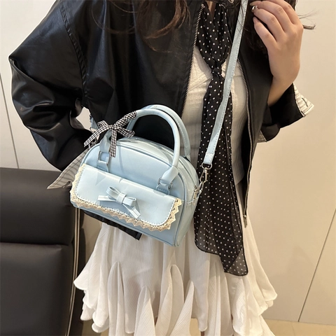Dames Zoete PU Leer Crossbodytas Kantafwerking Strik Geruit Lint Decoratie Handtas Koreaanse Stijl Schoudertas Voor Dagelijks