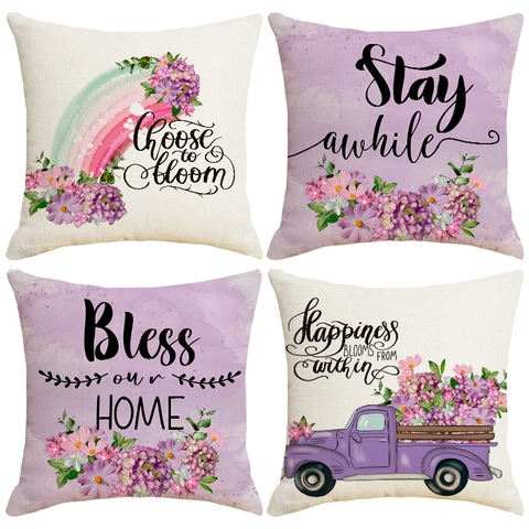 Linen Throw Pillow Case Floral Rainbow Flower Truck Letter Print Square Cushion Cover For Sofa Living Room Decorative Home Decor