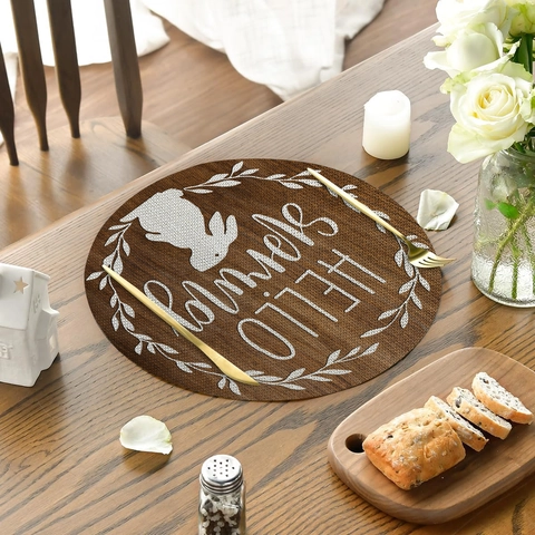 Tovaglietta Rotonda Pasquale Misto Lino Resistente al Calore Coniglio Primaverile Decorativa per Cucina Sala da Pranzo