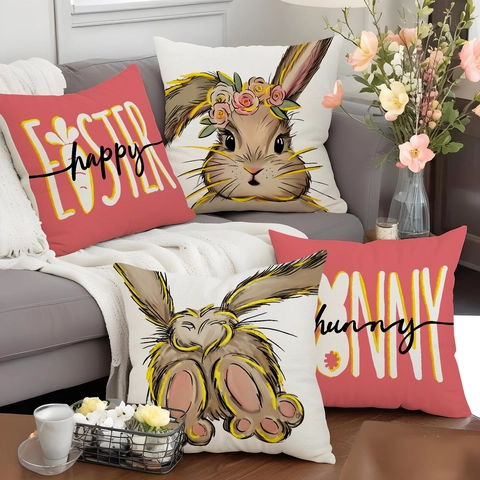 Funda De Almohada Decorativa De Conejo De Pascua De Lino Happy Easter Estampado De Dibujos Animados Sofá