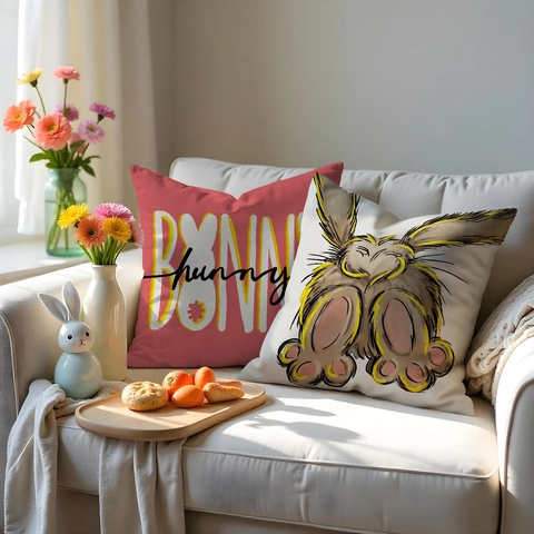 Funda De Almohada Decorativa De Conejo De Pascua De Lino Happy Easter Estampado De Dibujos Animados Sofá