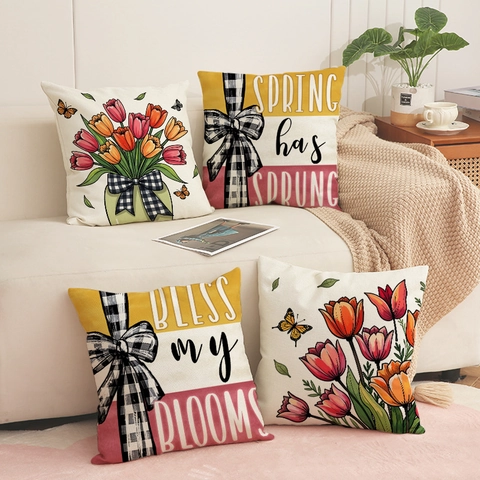 Federa Per Cuscino Fiori Tulipani Primavera Lino Quadrata Decorativa Per Divano Casa Soggiorno Stampa Farfalla