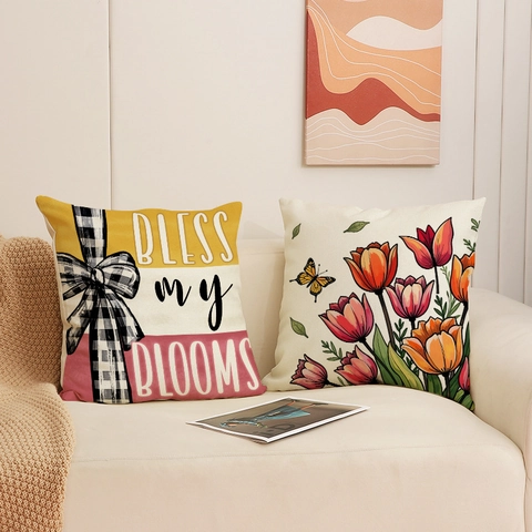 Federa Per Cuscino Fiori Tulipani Primavera Lino Quadrata Decorativa Per Divano Casa Soggiorno Stampa Farfalla