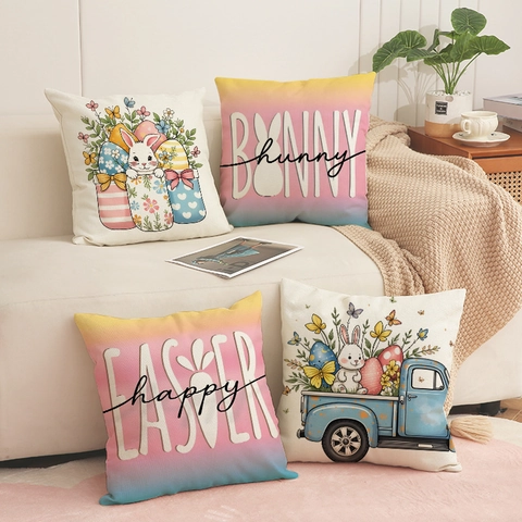 Ostern Kissenbezug Leinenmischung Dekorative Kissenhülle Hase Ei Blumendruck Feiertag Home Sofa Dekor