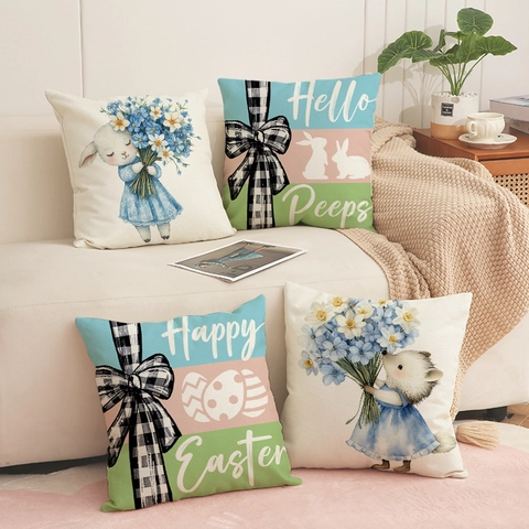 Funda De Almohada De Pascua Mezcla De Lino Decorativa Animales Cordero Erizo Para Sofá Sala De Estar