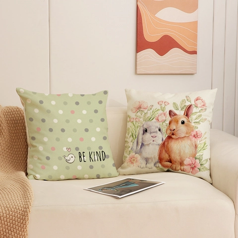 Easter Rabbit Floral Linen Decorative Pillowcase Sage Green Plaid Cushion Cover For Sofa Home Couch Decor Spring Holiday Gift