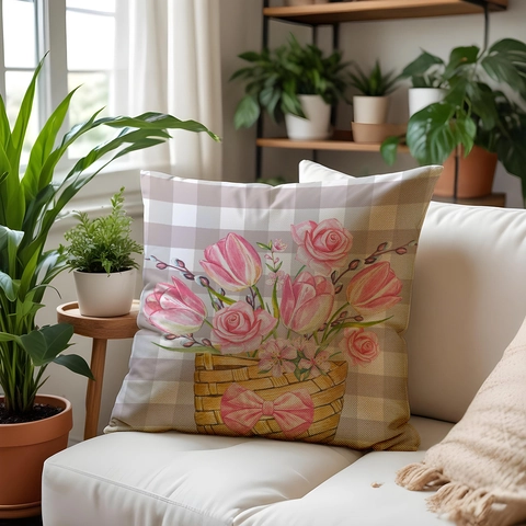 Linnen Bloemenmand Konijn Print Kussenhoes Voor Woonkamer Woondecoratie Lente Pasen Floraal Vierkant Decoratieve Kussensloop
