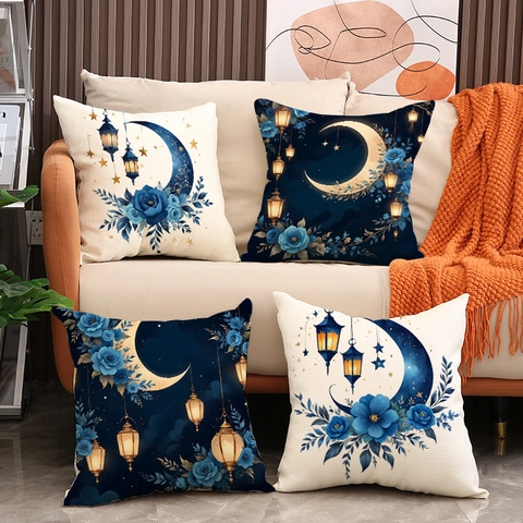 Funda de Almohada Vintage Estilo Clásico Europeo Mezcla de Lino Estampado Luna Rosa Linterna Funda Decorativa 45x45cm