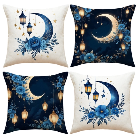 Funda de Almohada Vintage Estilo Clásico Europeo Mezcla de Lino Estampado Luna Rosa Linterna Funda Decorativa 45x45cm