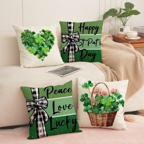 Federa Per Cuscino Decorativa St Patricks Day Misto Lino Stampa Trifoglio Cuore Verde Fortunato Arredo Divano Soggiorno