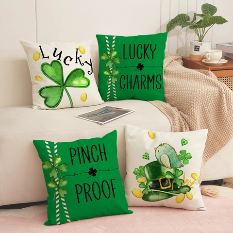 Fundas De Cojín Decorativas De Lino Para El Día De San Patricio Con Estampado De Trébol Y Letras De La Suerte Para Sofá