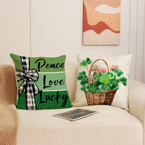 Federa Per Cuscino Decorativa St Patricks Day Misto Lino Stampa Trifoglio Cuore Verde Fortunato Arredo Divano Soggiorno