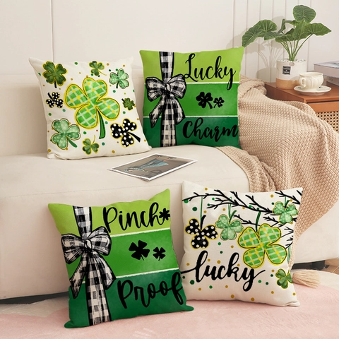 Fundas De Cojín Día De San Patricio Mezcla Lino Trébol Lucky Charm Granja Para Sofá Decoración Hogar Patrón Trébol
