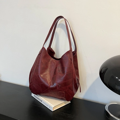 Bolso Tote de Cuero PU de Gran Capacidad Vintage para Mujer Bolso de Hombro de Patchwork Retro Casual Diario Color Sólido