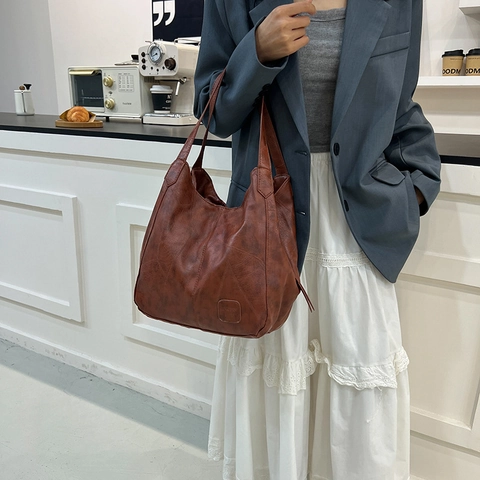 Sac À Épaule Grande Capacité Pour Femmes Vintage Cuir PU Souple Patchwork Cabas Multi Compartiments Quotidien Rétro