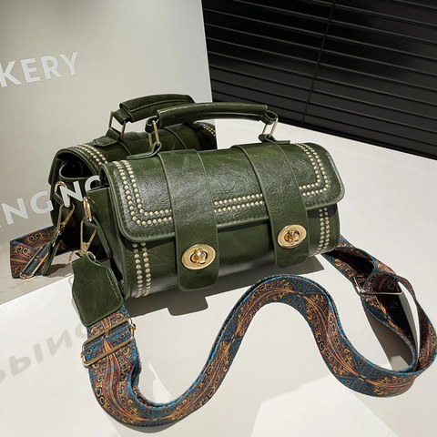 Retro PU Leather Barrel Bag For Women Rivet Decor Double Turn Lock Crossbody Bag With Bohemian Printed Wide Strap Handbag