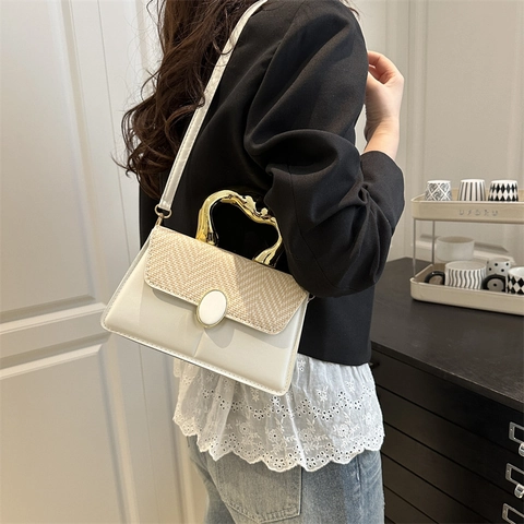 Fashion Women PU Leather Woven Patchwork Shoulder Bag With Gold Metal Handle Trendy Small Square Crossbody Handbag