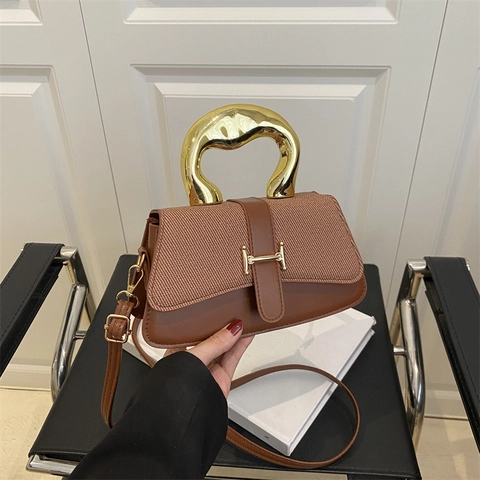 Women Handbag Crossbody Bag Splicing PU Leather Woven Fabric Gold Metal Handle Retro Square Fashion Elegant Daily