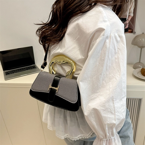 Women Handbag Crossbody Bag Splicing PU Leather Woven Fabric Gold Metal Handle Retro Square Fashion Elegant Daily