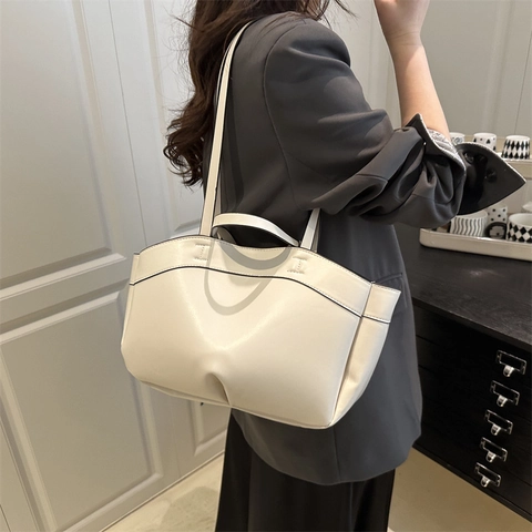 Women Large Capacity PU Leather Tote Bag With Pouch Wave Edge Contrast Stitching Underarm Shoulder Bag Fashion Office Handbag