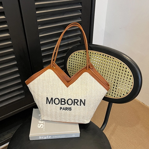 Damen Urban Minimalistisch Gewebte Tragetasche Große Kapazität Stroh Schultertasche Mit MOBORN PARIS Buchstaben Druck Urlaub Strand Lässige Handtasche