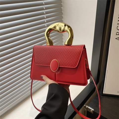 Fashion Women PU Leather Woven Patchwork Shoulder Bag With Gold Metal Handle Trendy Small Square Crossbody Handbag