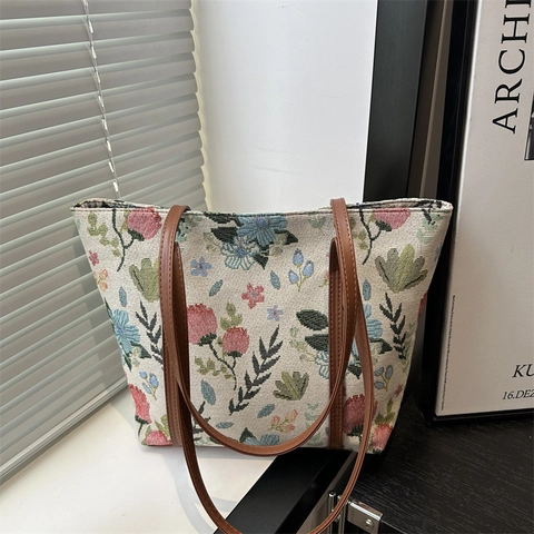 Vintage Jacquard-Einkaufstasche Mit Blumenmuster Große Kapazität Damen-Schultertasche Mit PU-Lederriemen Lässige Alltagstasche